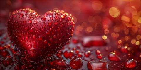 Red heart on a red background. Red heart covered in droplets, set against a red background. Ideal for Valentine's Day themes, love, romance, and artistic designs. Perfect for backgrounds, textures