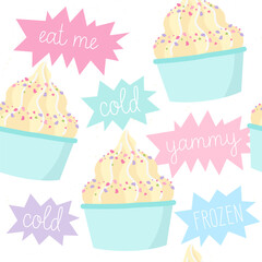 Seamless pattern of ice cream in a cup with the words: eat me, cold, yummy, frozen. Perfect for a festive and fun decoration