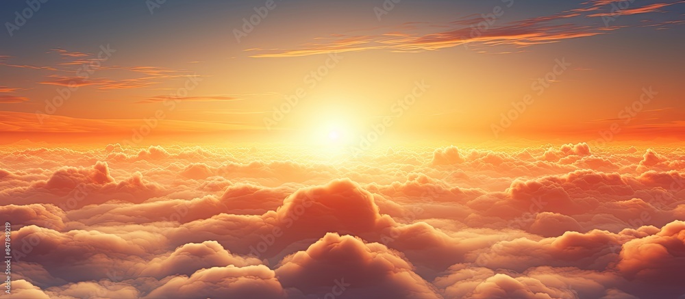 Wall mural orange sunset sun rising over cloudscape sky aerial view. creative banner. copyspace image