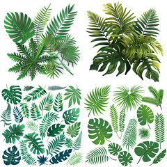 Collection of green foliage, botanical illustration, hand-painted, varying in shade from sage to emerald, bringing depth and contrast. The leaves range from elongated, pointed shapes to rounder