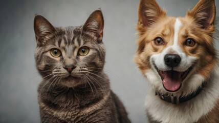 Portrait of Happy dog and cat that looking at the camera