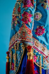 Close-up of vibrant, intricately designed traditional garment with colorful embroidery and decorative tassels against a blue background.