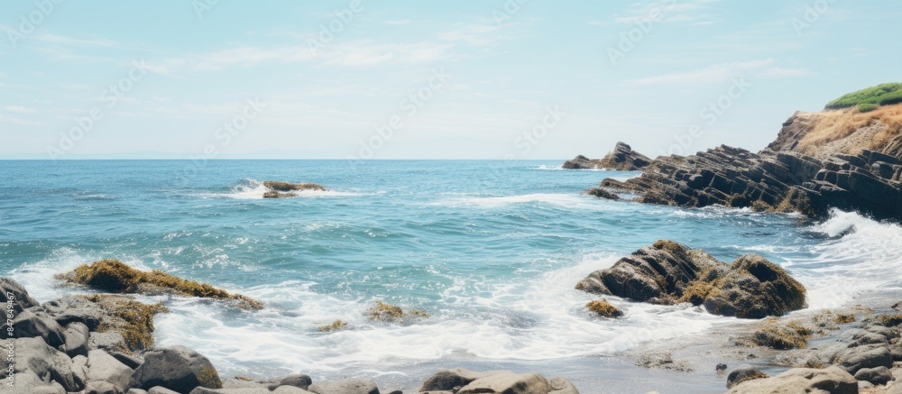 Wall mural rocky beach you can see the sea and foaming waves nearby. creative banner. copyspace image - Wall murals