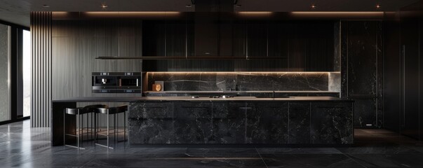 New modern luxury kitchen in a new apartment, banner. Generative AI.