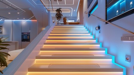 A tech-savvy home interior with a staircase featuring integrated smart lighting and touch-screen controls, seamlessly blending modern convenience with sleek design for a futuristic living space.