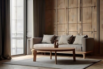 Wooden Coffee Table With Wicker Basket Near Sofa In Living Room