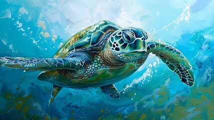 Obraz premium Green sea turtle swimming gracefully underwater in clear tropical ocean