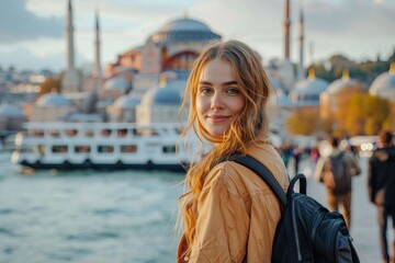 Naklejka premium Young woman with a captivating smile against the picturesque backdrop of Istanbul, exuding a sense of wanderlust and discovery