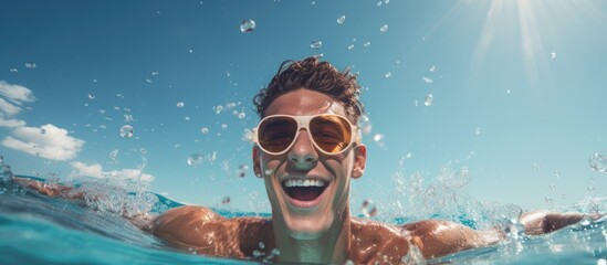 A young man enjoying the swimming pool hodays concept. Creative banner. Copyspace image