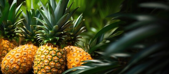 Fototapeta premium Fresh pineapple fruit on bush with leaves. Creative banner. Copyspace image