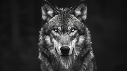 Obraz premium Grey Wolf Against a Black Background, Captured in High Detail