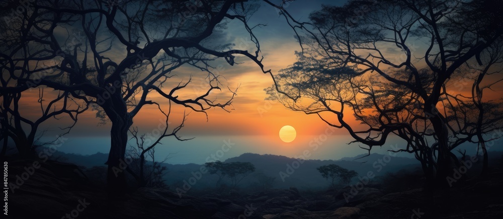 Poster general shot with backlighting of dark but beautiful landscape with trees and branches and in the ba
