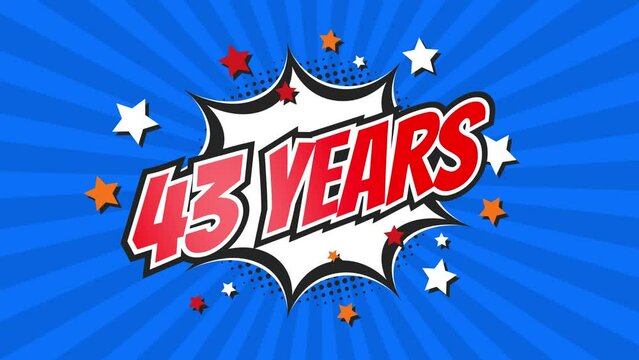 43rd forty-third anniversary - 43 forty-three years birthday. Animated text on pop colorful background with rotating rays.