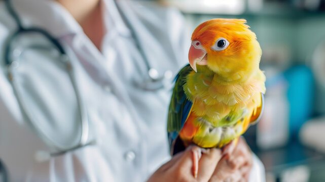 Dedicated veterinarian gives exceptional care to a vibrant parrot in a clinic, ensuring the exotic bird receives topnotch veterinary attention for its health and wellbeing