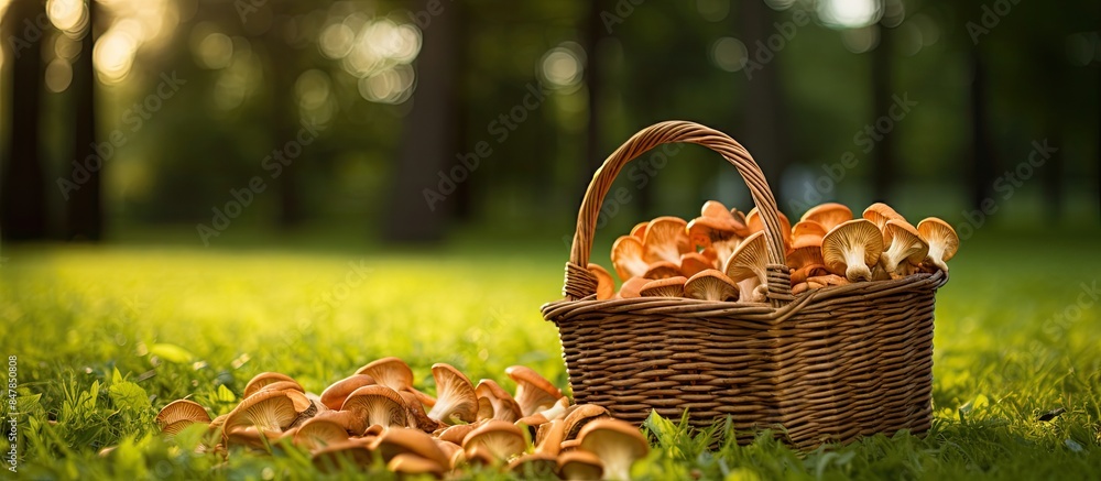 Poster chanterelle mushroom in a wicker wooden basket on a background of green grass. creative banner. copy - Posters