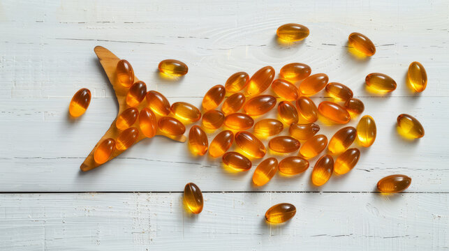 Fish-shaped arrangement of cod liver oil capsules on wooden surface