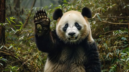 Fluffy Panda Bear Waving at Viewer, Bifengxia Panda Reserve, Sichuan, China. Endangered Species Conservation