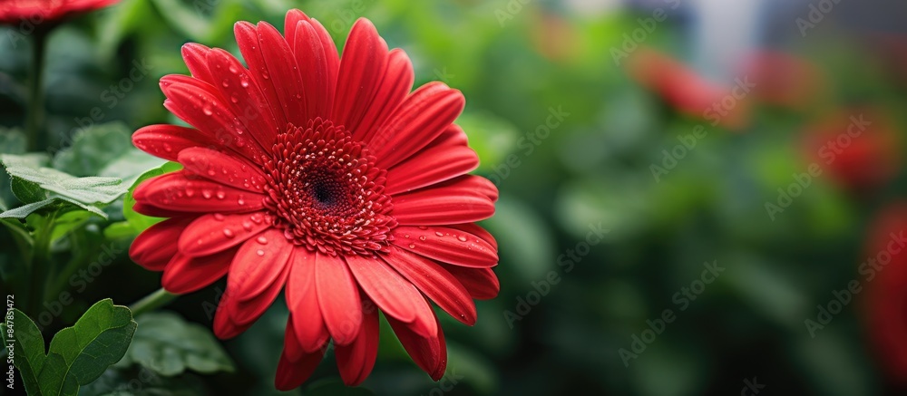 Sticker big red daisy flower blooms with green leaves in the background. creative banner. copyspace image