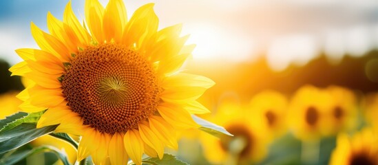 Obraz premium Field of sunflowers Close up of sunflower. Creative banner. Copyspace image