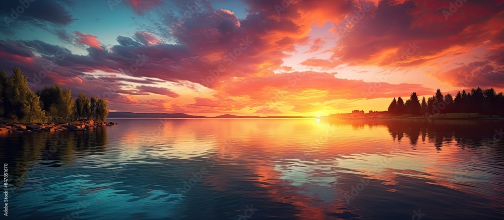 Aufkleber amazing dusk at the lake with dynamic sky in summer. creative banner. copyspace image