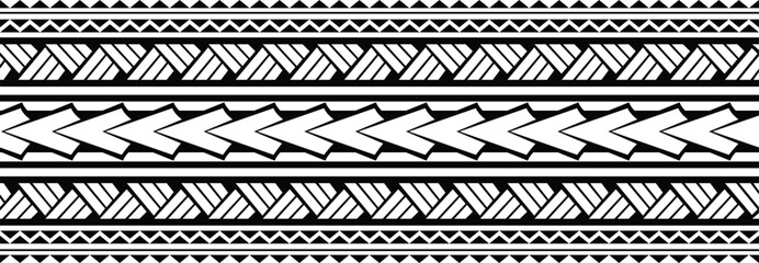 Polynesian design tribal tattoo border. Tribal design ethnic maori band.Tattoo  ribbon sleeve bracelet. Fabric seamless isolated hawaiian pattern on white background.