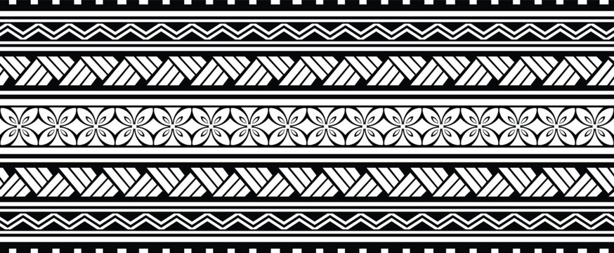 Polynesian design tribal tattoo border. Tribal design ethnic maori band.Tattoo  ribbon sleeve bracelet. Fabric seamless isolated hawaiian pattern on white background.