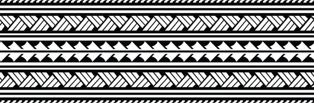Polynesian design tribal tattoo border. Tribal design ethnic maori band.Tattoo  ribbon sleeve bracelet. Fabric seamless isolated hawaiian pattern on white background.