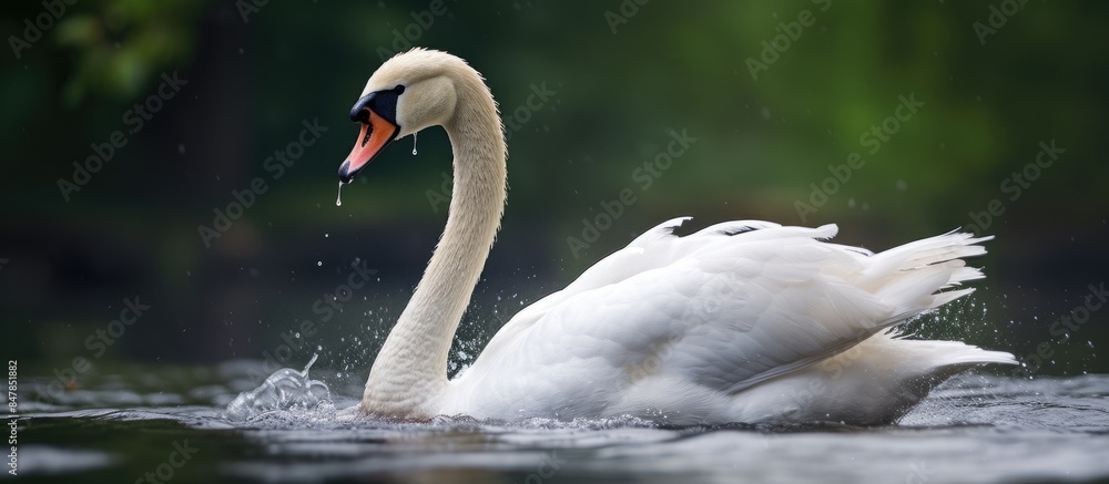 Poster a white majestic swan floats in front of a wave of water young swan in the middle of the water drops