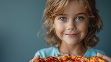 Naklejka premium portrait of a handsome cute long-haired Caucasian boy 6-8 years old holding a large appetizing pizza in his hands, studio shot blue background