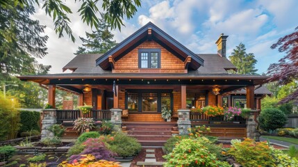 Naklejka premium charming craftsman home with detailed woodwork, a covered porch, and a vibrant garden