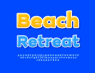 Vector bright banner Beach Retreat. Bright Creative Font.Blue Glossy Alphabet Letters and Numbers set.
