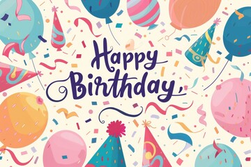 happy birthday greeting card with text, balloons, festive hats and confetti