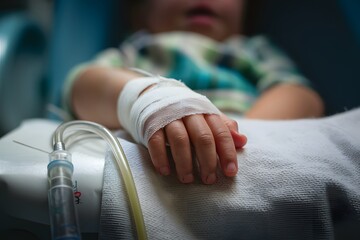 Child's hand on white surface with bandage and tube in medical setting.