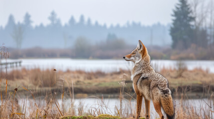 Wild coyote standing near the lake in Nisqually National Wildlife