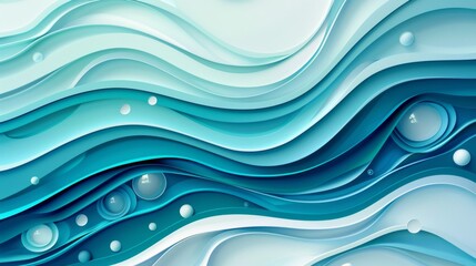 Fototapeta premium Abstract background with waves and bubbles in shades of teal and white.