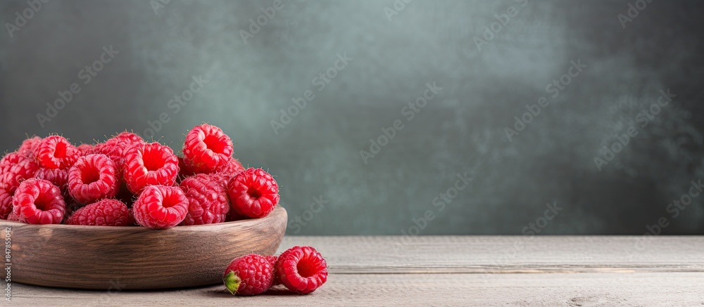 Poster ripe raspberry berries on a gray background in a wooden plate. creative banner. copyspace image