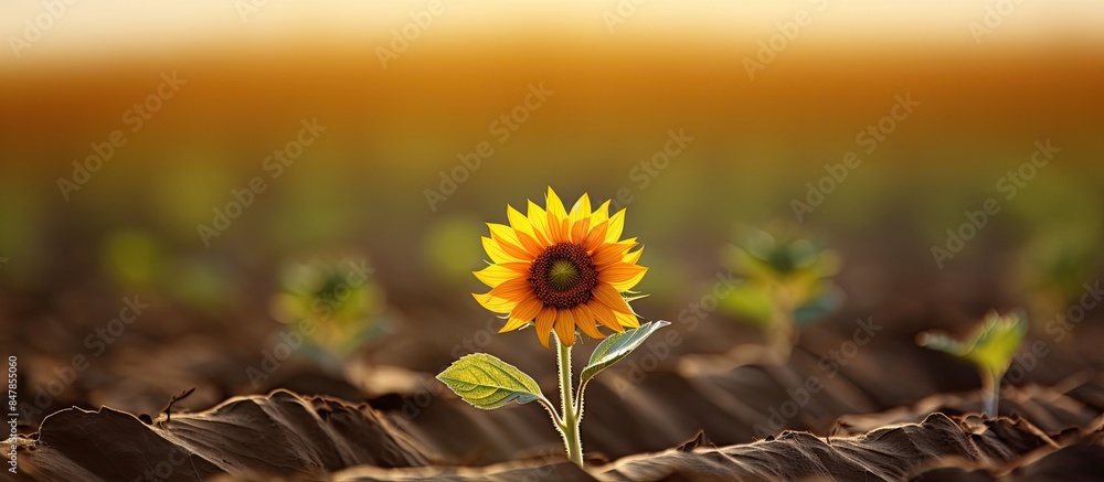 Poster single smaller sunflower facing in other direction as the others in a field. creative banner. copysp