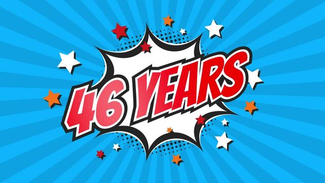 46th forty-sixth anniversary - 46 forty-six years birthday. Animated text on pop colorful background with rotating rays.
