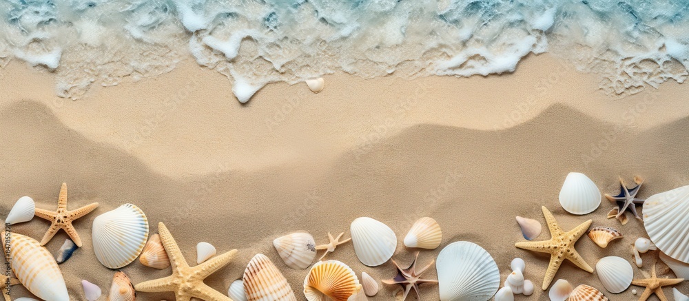 Poster sea sand with starfish and shells top view with copy space