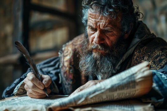 Apostle Paul writing in parchment scroll inspired by the Holy Spirit.	