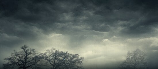 Fototapeta premium Crowns of trees on a background of heavy black clouds. Creative banner. Copyspace image