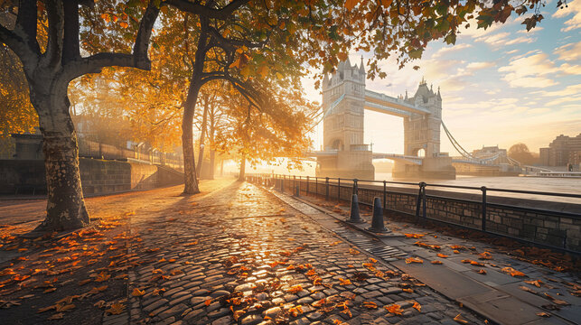 Autumn sunrise over Tower Bridge with golden leaves and cobblestones