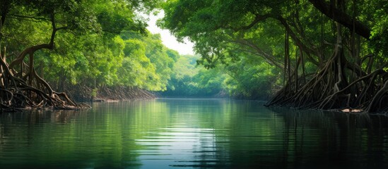 Trees in a thick mangrove forest. Creative banner. Copyspace image