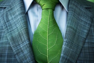 Businessman in a suit wears a tie made of green leaves.	
