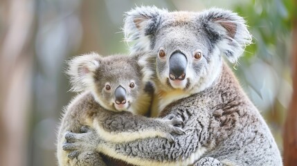 Naklejka premium Mother koala with baby on her back in eucalyptus tree, Australia