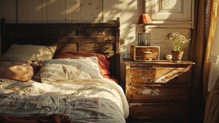 Cozy bedroom with vintage bed and rustic bedside dresser