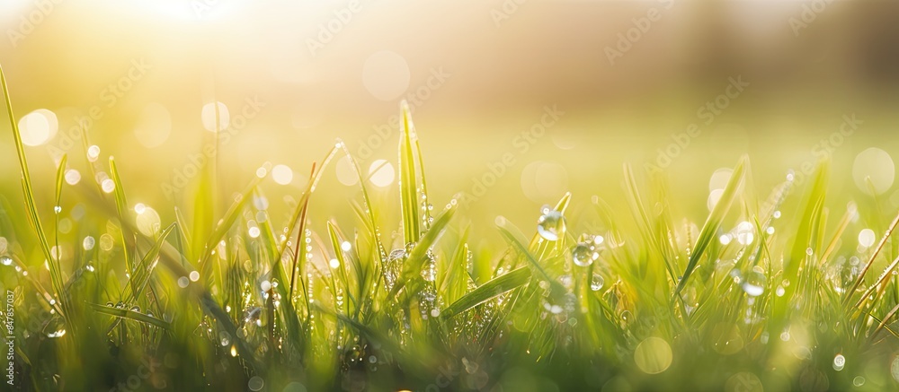 Poster dew on grass with bokeh. creative banner. copyspace image
