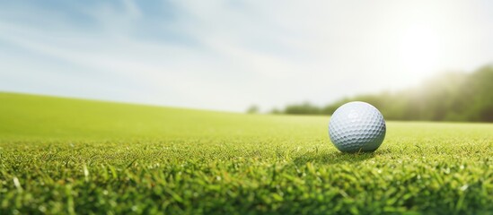 golf ball near the putting green in a very sunny day. Creative banner. Copyspace image
