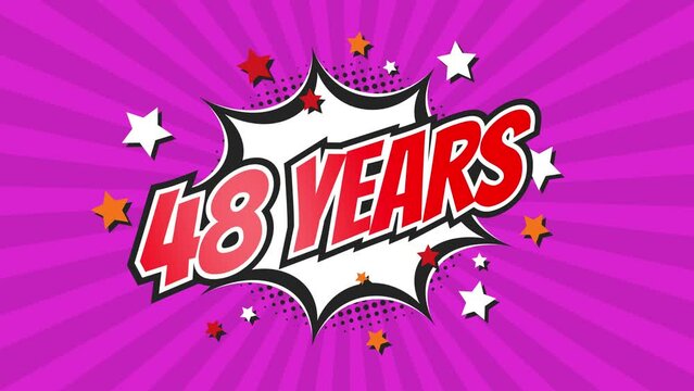 48th forty-eighth anniversary - 48 forty-eight years birthday. Animated text on pop colorful background with rotating rays.