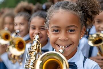 Young Girl Playing Saxophone in School Band Performance